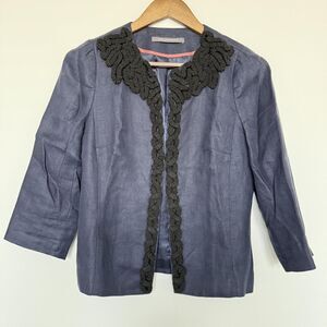 Boden Limited Edition Jacket Womens US 4 UK 8 Blue Linen Open Front Embellished